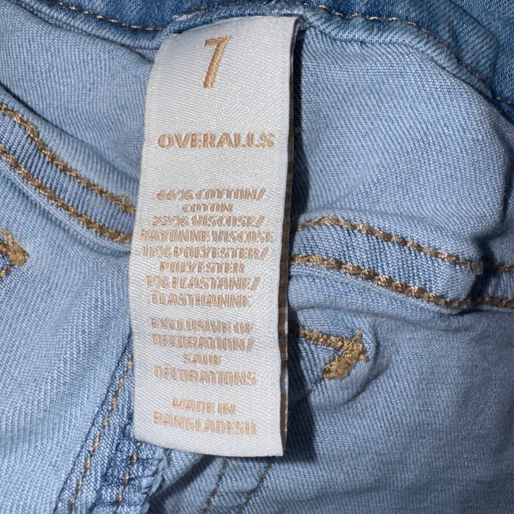Justice Overalls Girls Size 7 Light Blue Denim Lace Floral Distressed Stretch